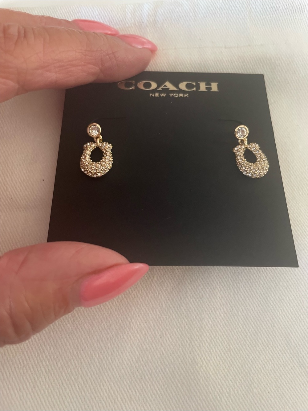 COACH Gold Crystal Pavé Open Oval Drop Earrings - Picture 4 of 5
